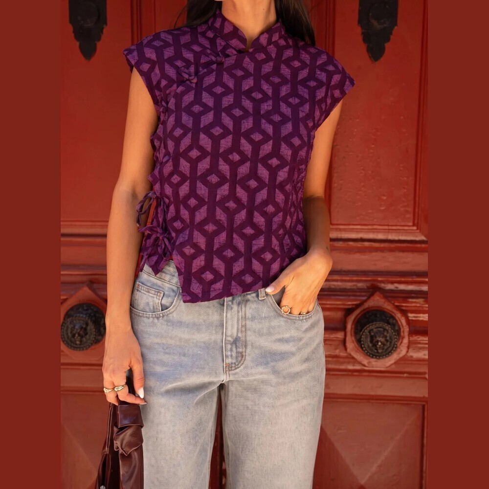 Plum Geometric Print Stand Collar Frog Button Side Tie Blouse